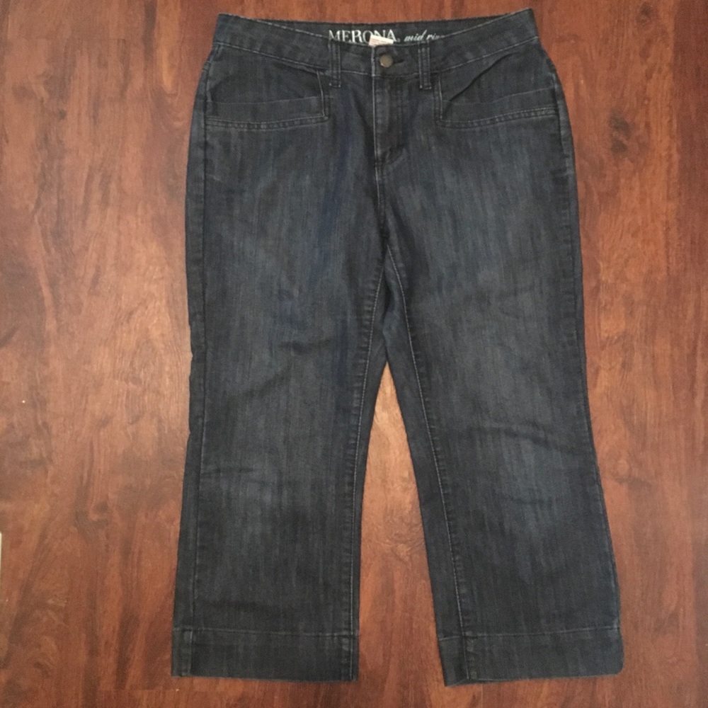 Merona Cropped Dark Wash Denim Jeans Womens Sz 10 Blue Stretch Mid Rise Straight